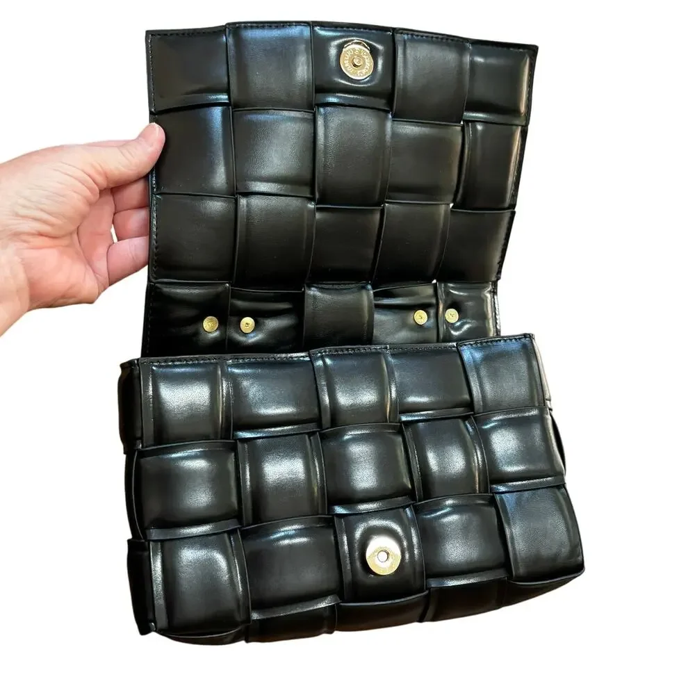 Black faux leather quilted puffy purse chunky gold chain top handle satchel